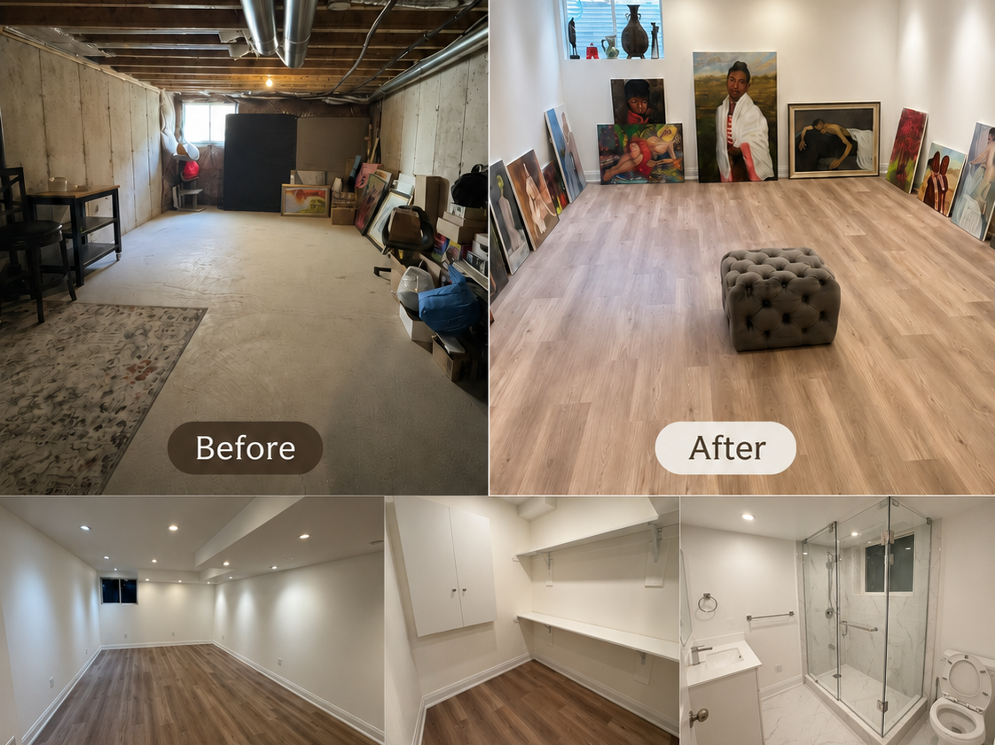 North York Basement Renovation: From Unfinished Storage to a Functional Living Space 2 North York basement renovation before and after
